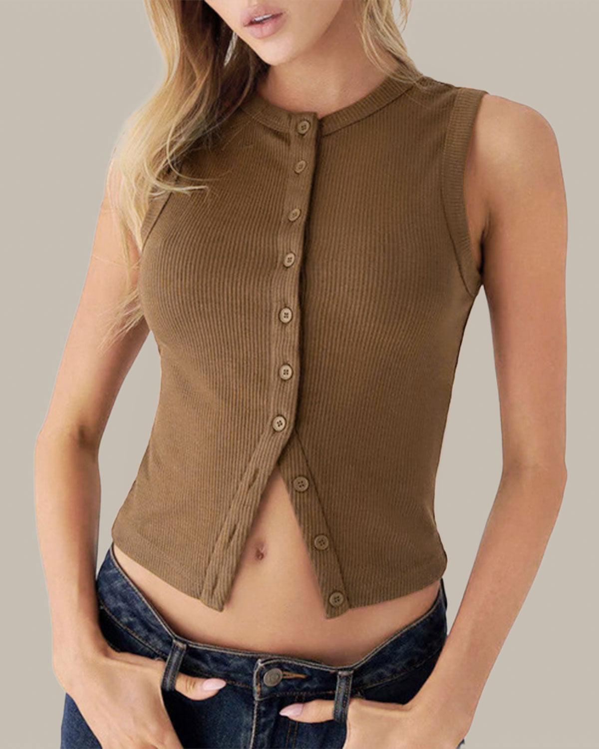 Coffee Round Neck Knit Tank Top