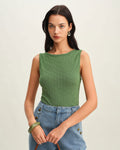 Green Boat Neck Knit Tank Top