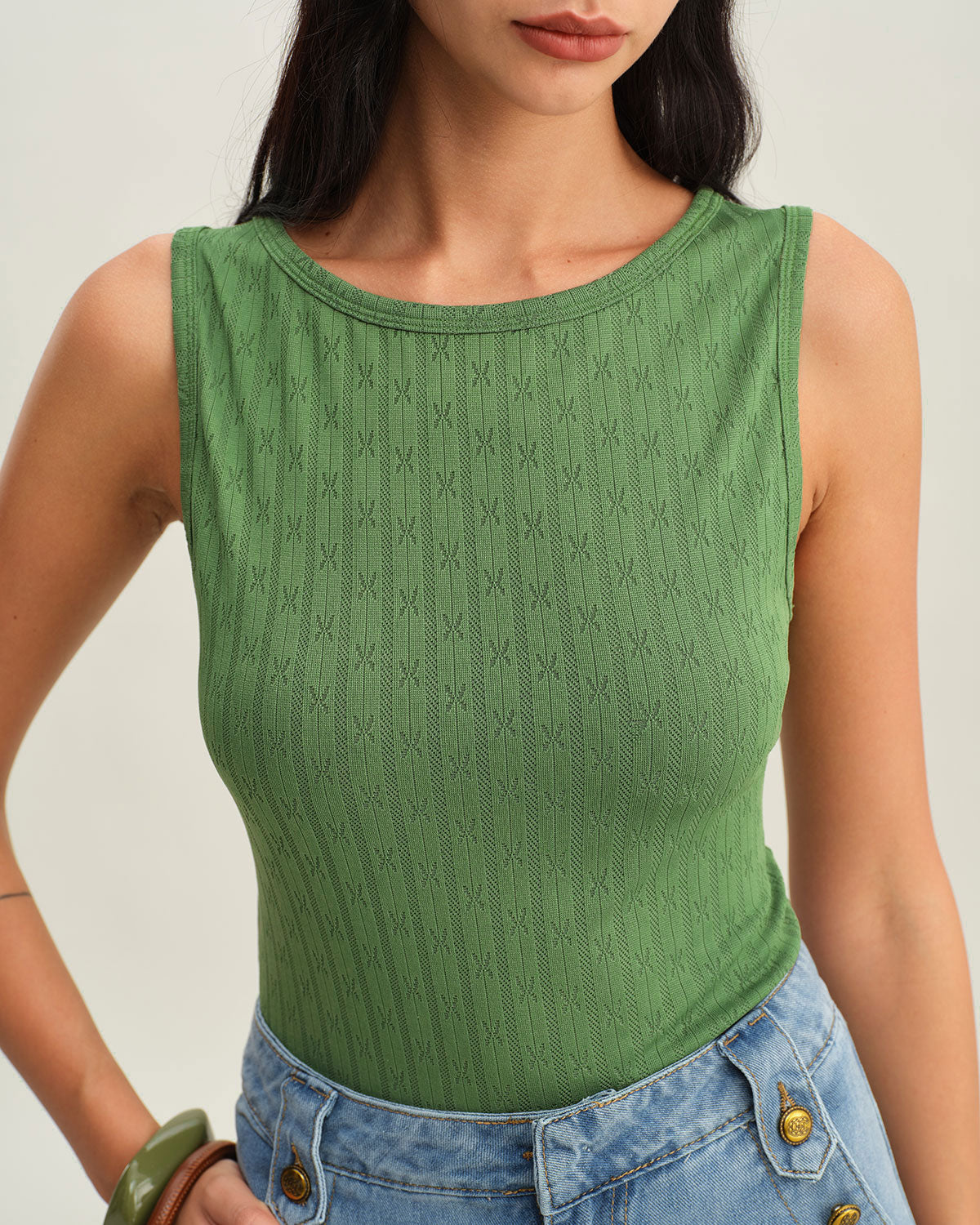 Green Boat Neck Knit Tank Top