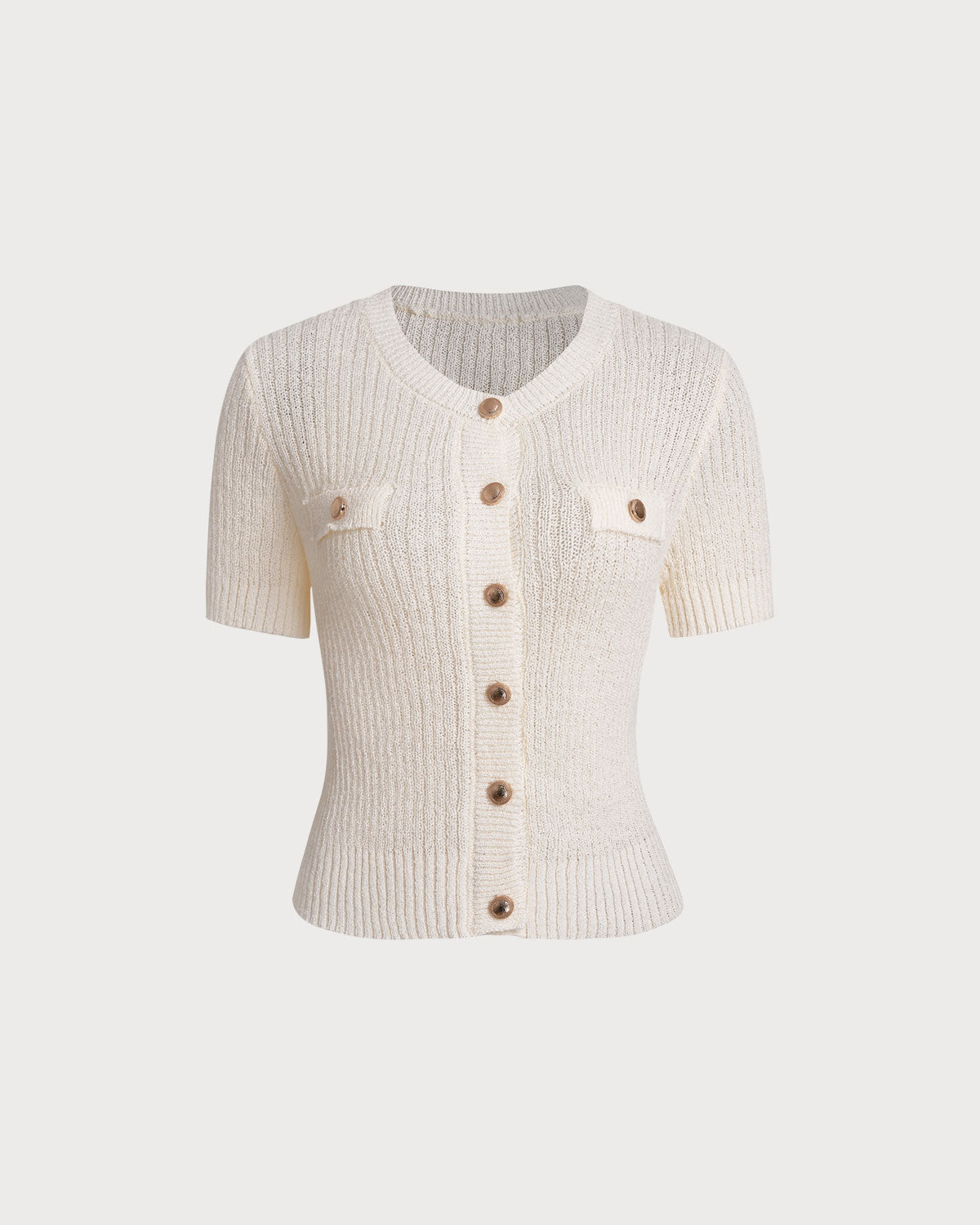 Beige Round Neck Button Tee