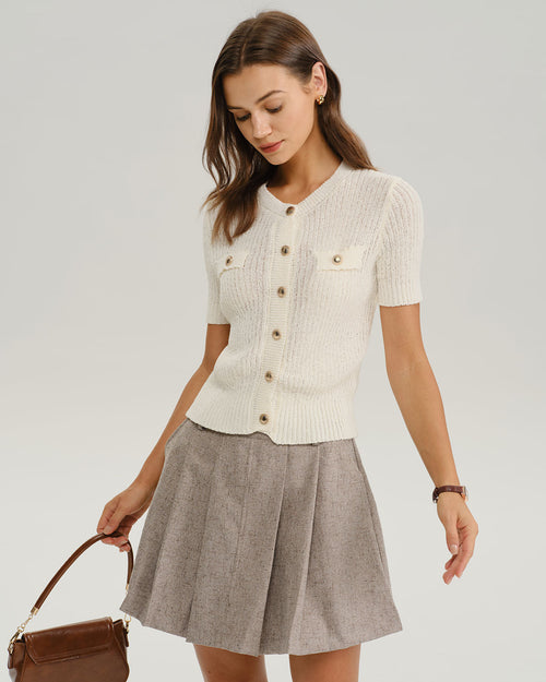 Beige Round Neck Button Tee