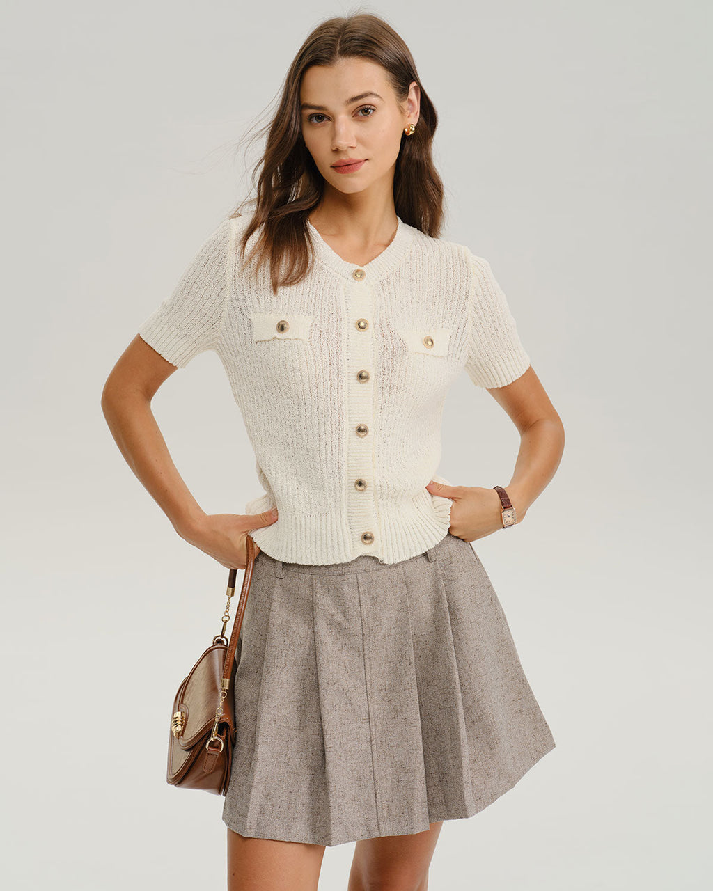 Beige Round Neck Button Tee