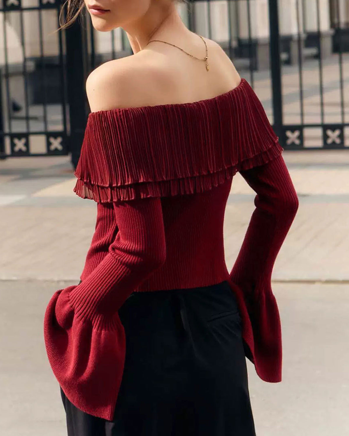 Red Off The Shoulder Bell Sleeve Sweater