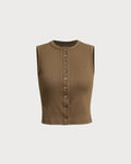 Coffee Round Neck Knit Tank Top