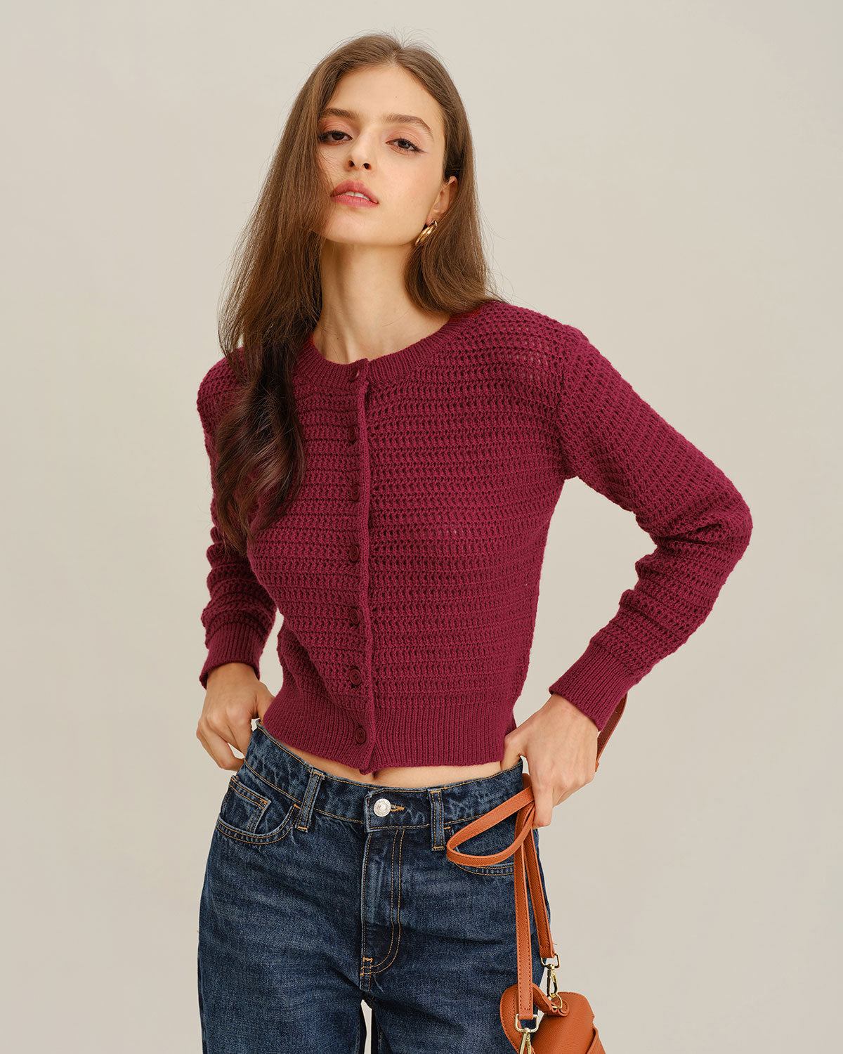 Wine Red Single Breasted Knit Cardigan