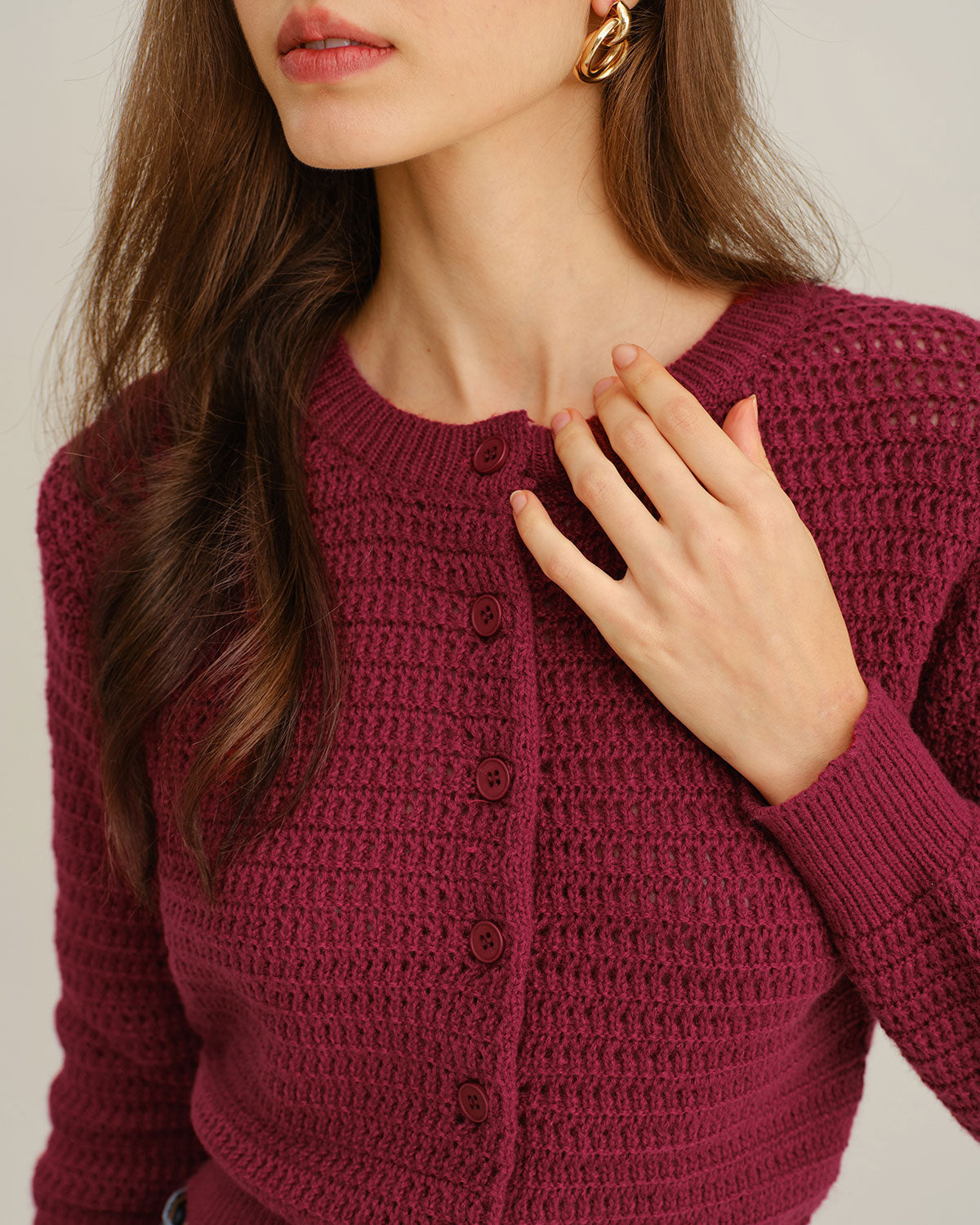 Wine Red Single Breasted Knit Cardigan