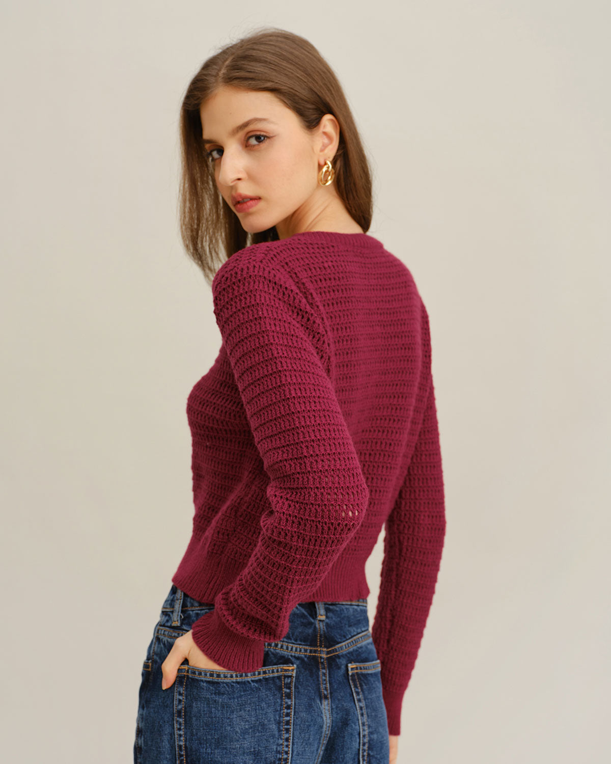 Wine Red Single Breasted Knit Cardigan