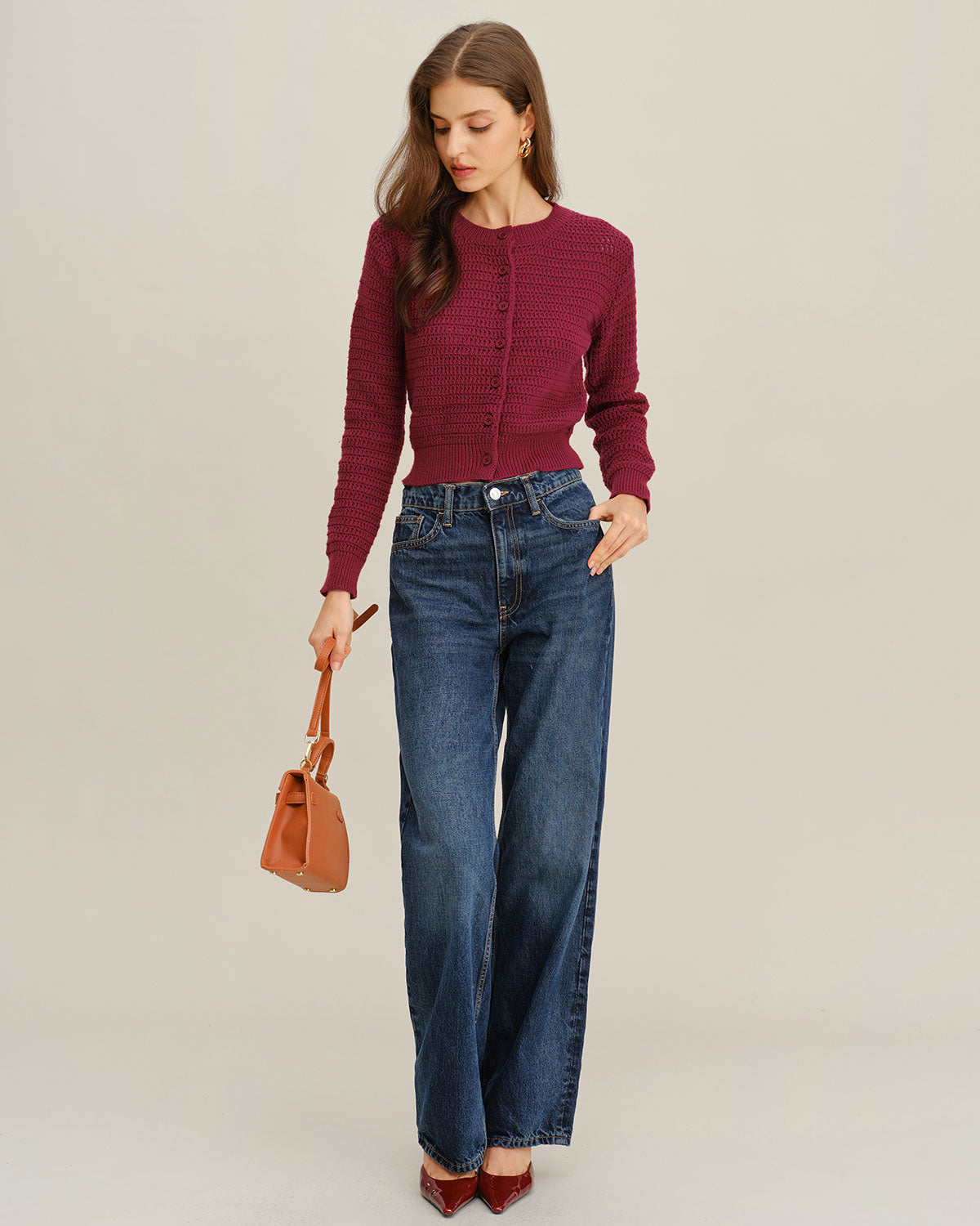 Wine Red Single Breasted Knit Cardigan