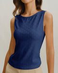 Blue Boat Neck Ribbed Knit Tank Top