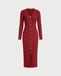 Wine Red V Neck Button Sweater Dress