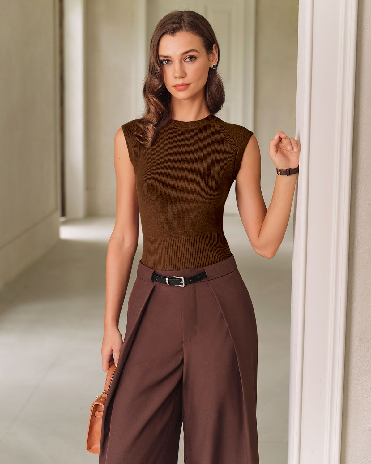 Brown Round Neck Knit Tank Top