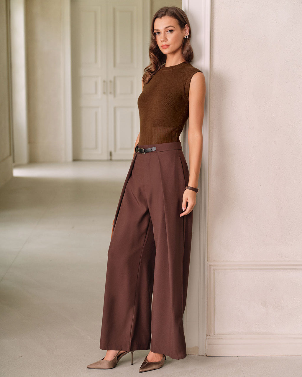Brown Round Neck Knit Tank Top