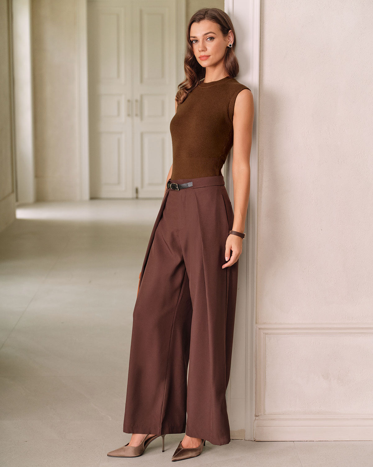 Brown Round Neck Knit Tank Top