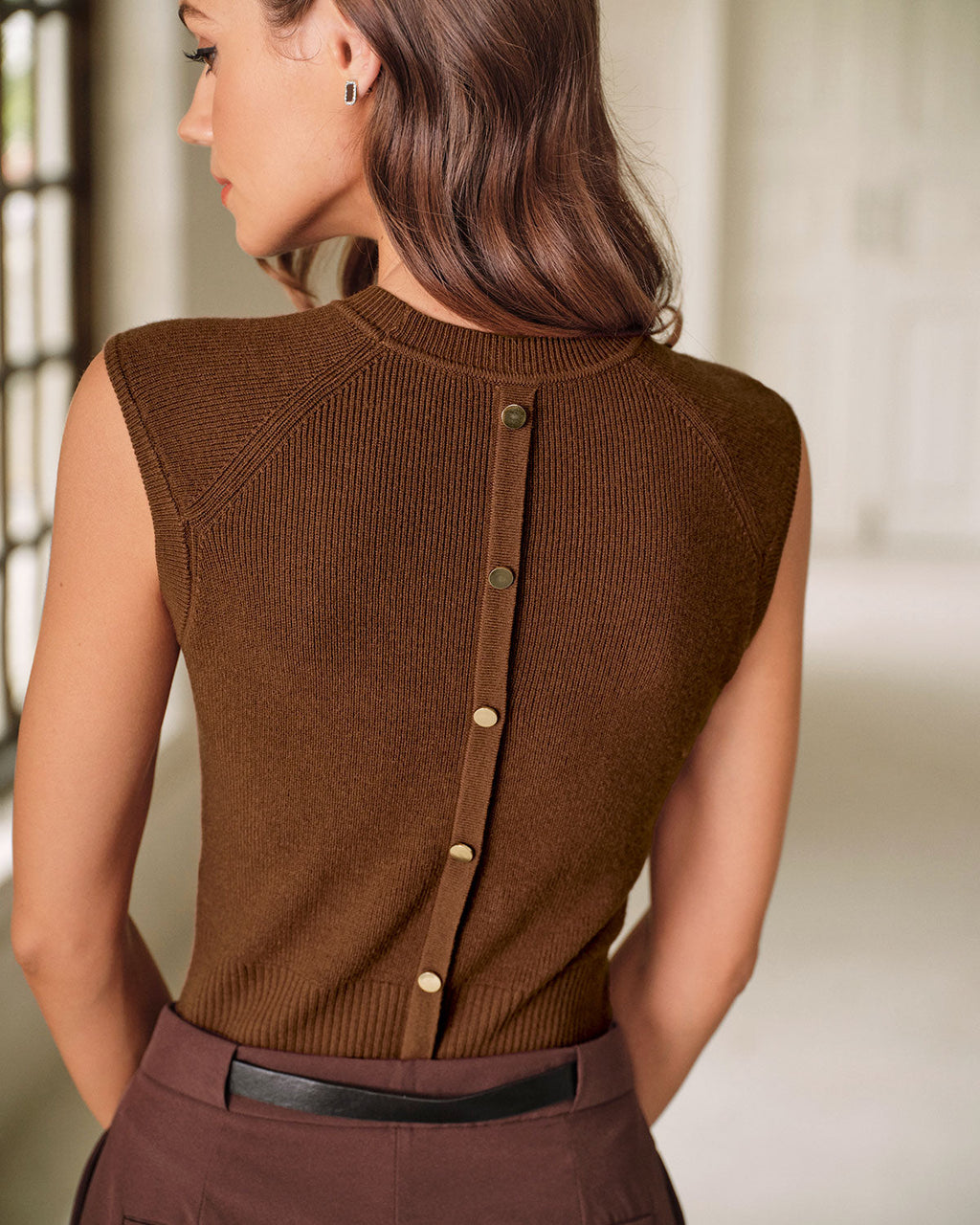 Brown Round Neck Knit Tank Top
