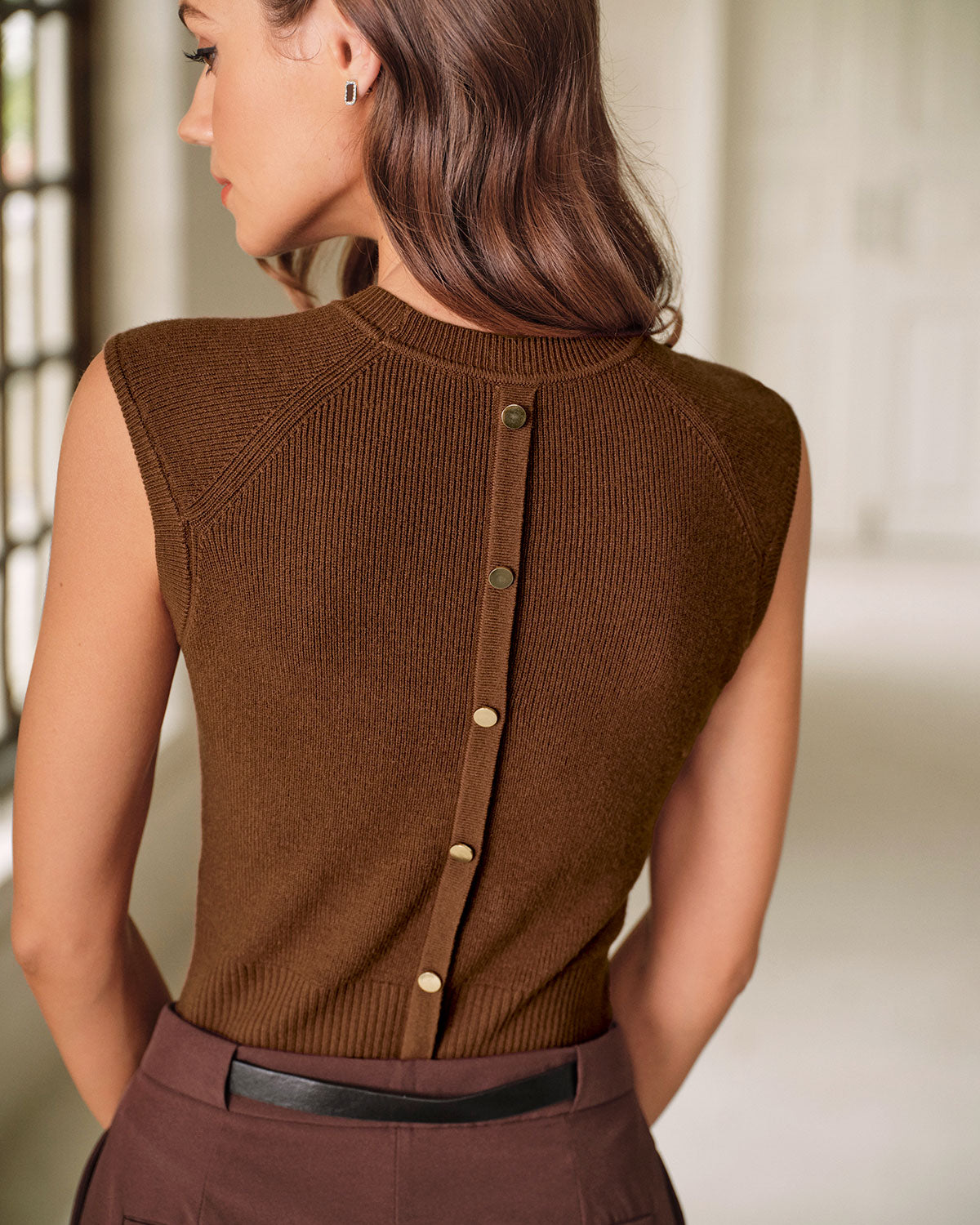 Brown Round Neck Knit Tank Top