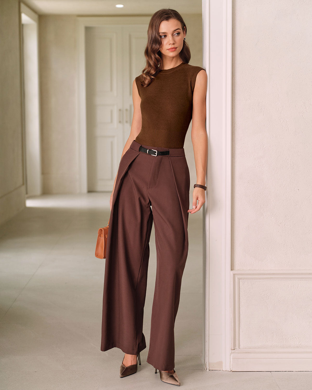 Brown Round Neck Knit Tank Top