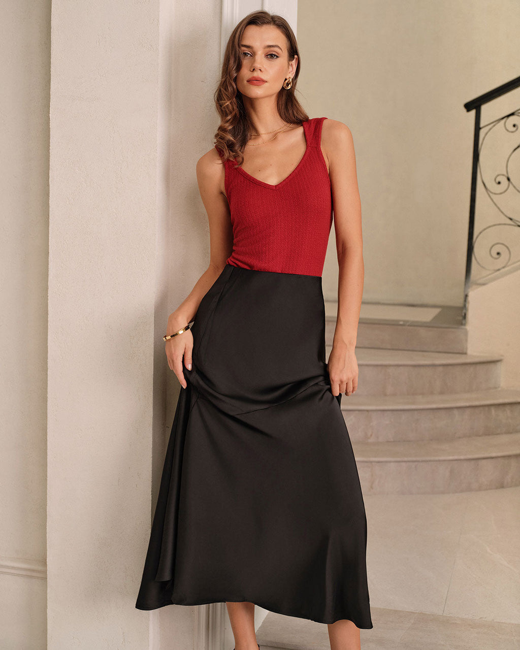 Red V Neck Knit Tank Top