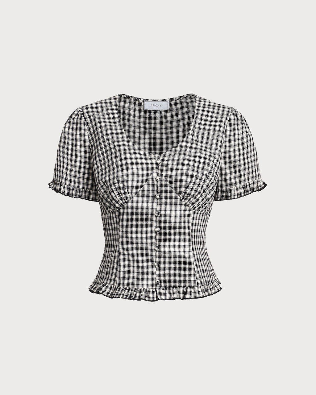 Black Plaid V Neck Ruffle Blouse